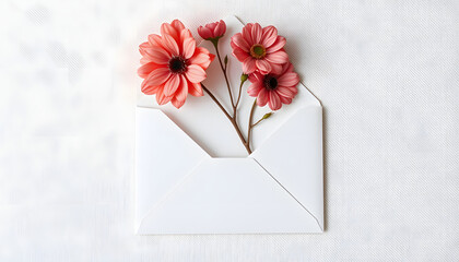 Empty paper card with mockup copy space, envelope with flowers on neutral beige linen background, elegant aesthetic business brand template, advertising, invitation or greeting card, flat papercut s