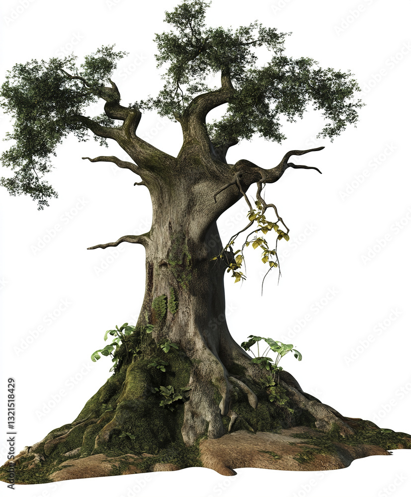 Poster ancient tree with twisted branches and lush foliage on white background