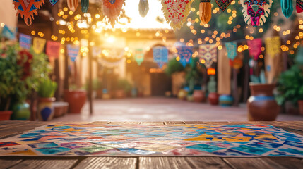 Wooden table with colorful patterned cloth, showcasing a blurred background of a festive outdoor scene with hanging decorations and warm lighting, ideal for product display or advertisement