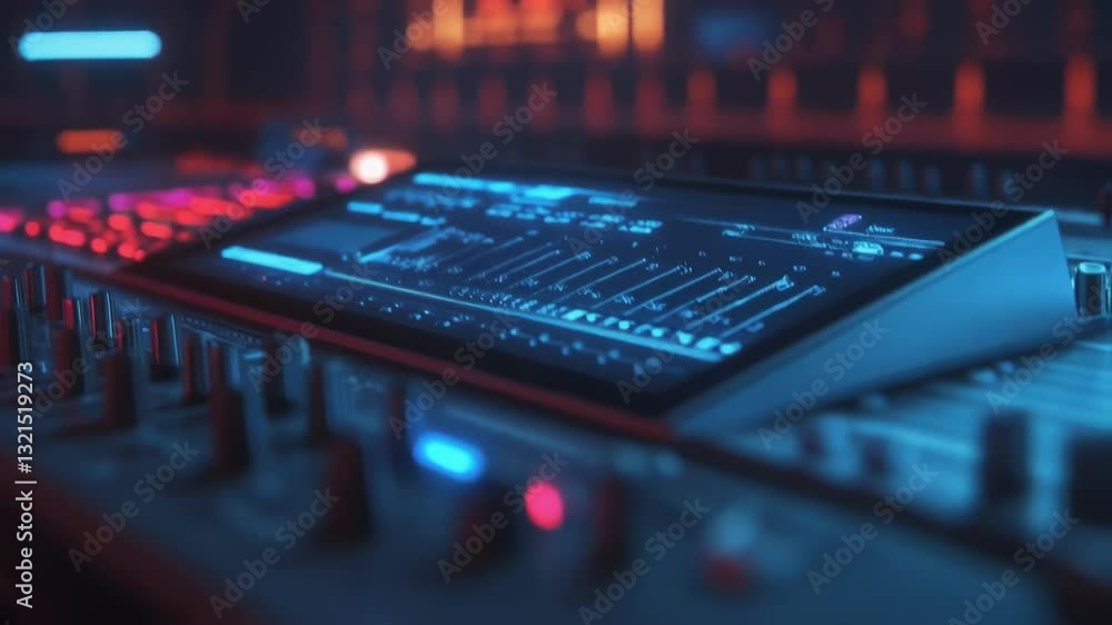 Poster digital mixing console displaying audio levels and settings, used by sound engineers and music produ