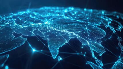 A digital representation of Asia showcasing interconnected networks and data flow against a dark background