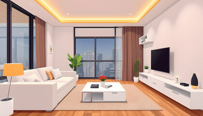 Fototapeta premium Modern living room with TV in apartment. White tone