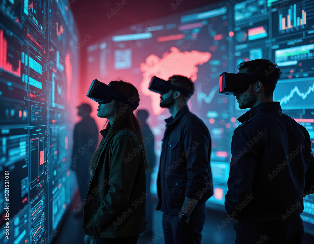 Poster cybersecurity team uses vr glasses to coordinate protection against cyber attack. security operation