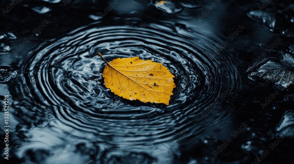 Poster close-up of a yellow leaf gently floating on the surface of water with ripples creating a serene nat