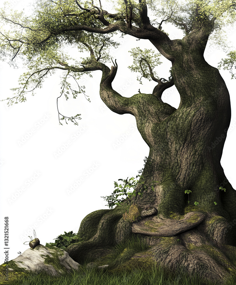 Poster ancient tree with whimsical branches in fairytale forest setting