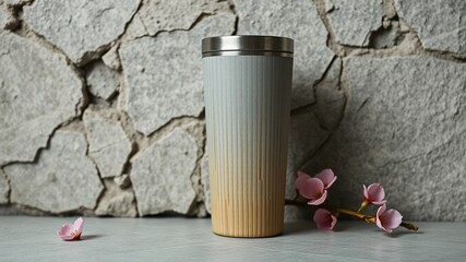 Angled Stacked Mug, Graphite Gray, Cherry Blossom Pink, Rough Texture