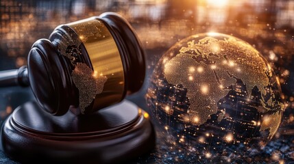 antitrust laws reshaping tech innovation, ensuring fair competition across industries close up, focus on tech gavel symbols, surreal, overlay, global corporate hubs as backdrop