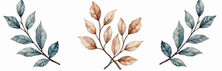 Watercolor illustration of elegant tree branches with blue, beige leaves on transparent background. Natural art design element for wedding invitations, greeting cards, posters eco-friendly products