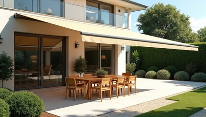 Retractable awning provides shade for outdoor patio furniture. Backyard wooden table, chairs invite to relax. Residential house, landscape design with garden, trees. Summer sun protection, home