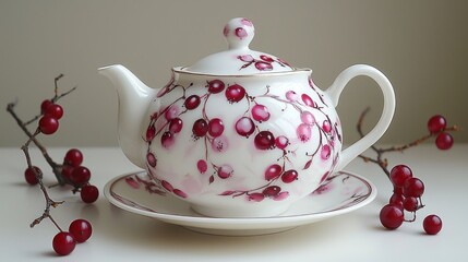 Hand-painted ceramic teapot and saucer with berries