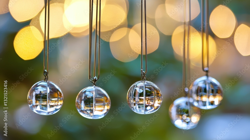 Aufkleber close-up of crystal chimes ringing in the wind with soft background bokeh effect and natural light