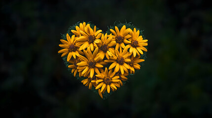 Heart Shaped Yellow Flower Arrangement On A Dark Green Background Romantic Floral Design