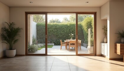 Aesthetic minimalist home entrance with large glass sliding doors. Dining table with chairs on patio outside. Garden view. Sunny modern interior. Light neutral beige colors and lot of copy space.