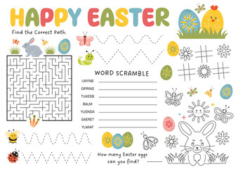Easter activity placemat for kids, kids coloring page, party games. Holiday table activity for Easter party. Easter activity mat, logical games, maze, tracing lines. Easter worksheet for preschool.