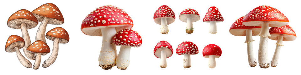 Obraz premium Collection of various vibrant and toxic mushroom species growing in a lush natural forest environment Includes red capped fly agaric white spotted mushrooms and other autumn fungi