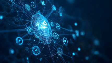 Obraz premium Global Communication Network With Futuristic Blue Data Flow and Digital Technology Connections In Cyberspace