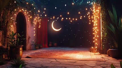 Obraz premium A Ramadan setting with a crescent moon and festive string lights