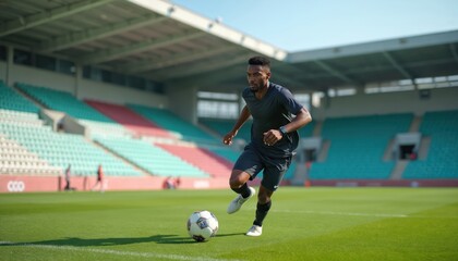 African American man runs with soccer ball on stadium field. Athlete in uniform trains, dribbles, sport exercise. Football player shows stamina, endurance. Empty stadium seats at background. Man