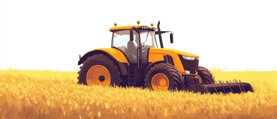 A yellow tractor is parked in a green field