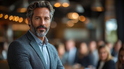 Obraz premium Professional Man in Gray Suit with Confident Expression in Modern Business Setting