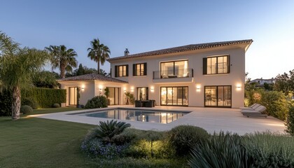 Fototapeta premium Modern villa by pool at twilight