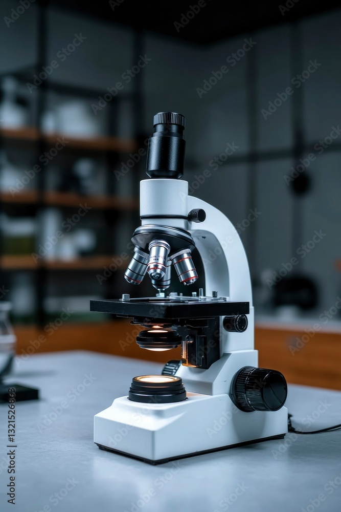 Poster modern microscope on a lab table