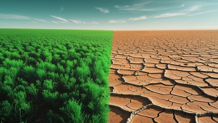 Fototapeta premium Vivid contrast between lush green field and parched golden field highlights nature s duality.