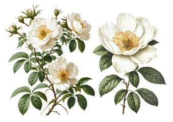Victorian watercolor illustration of dog rose flowers. Perfect for posters, invitations, stationery, wallpapers, home textile, packaging design and other prints