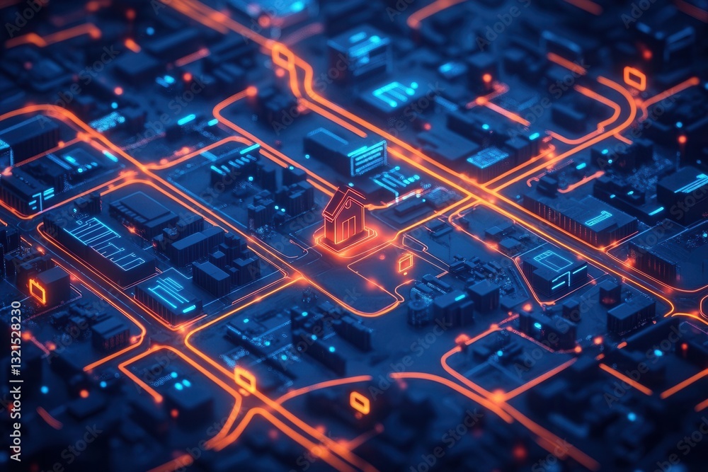 Aufkleber futuristic city map showcasing delivery routes and glowing pathways toward home in a digital urban e