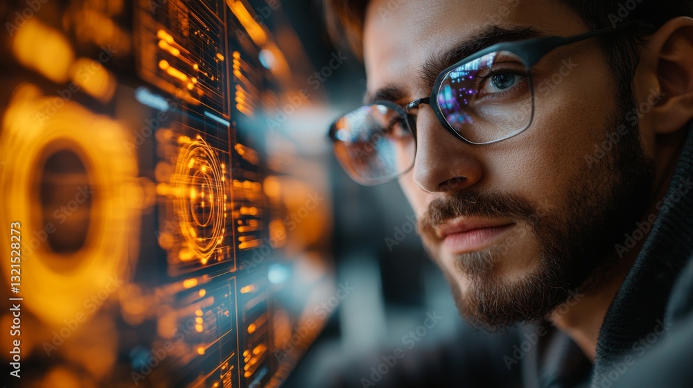 Leinwandbilder A young professional engages with a complex interface showcasing quantum computing concepts like qubits and entanglement alongside neural network algorithms.