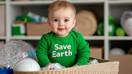 Cute baby wearing green Save Earth shirt sitting with recycling materials
 - Powered by Adobe