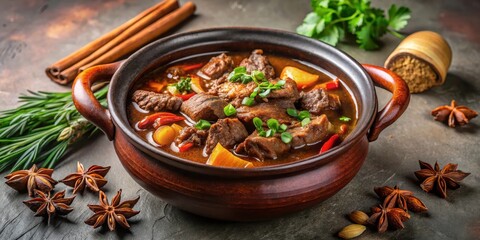 Hearty Chinese beef mutton stew simmering in a clay pot with aromatic spices and herbs on a clean, minimalist background , Fresh Herbs, Chinese Cuisine