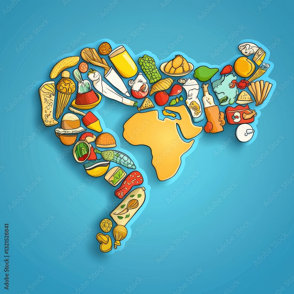 Poster a blue background with a drawing of a world map with food items on it