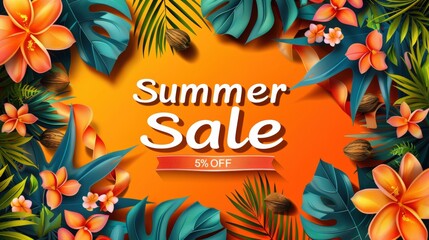 Tropical Summer Sale Banner with Floral and Leaf Design
