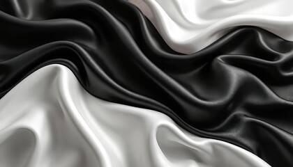 Fototapeta premium Black, white silk satin fabric abstract background. Drapery with soft fold, crease, wavy, crumpled effect. Luxury beauty rich shiny glitter shimmer shine effect for product presentation or wallpaper.