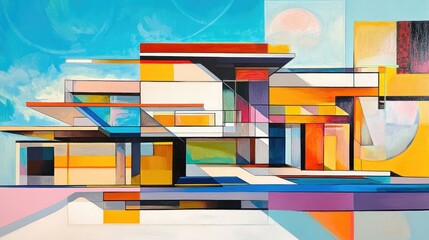 Abstract architectural composition with vibrant colors and geometric shapes against a blue sky backdrop