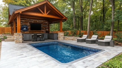 Backyard pool, pavilion, and patio oasis in wooded setting