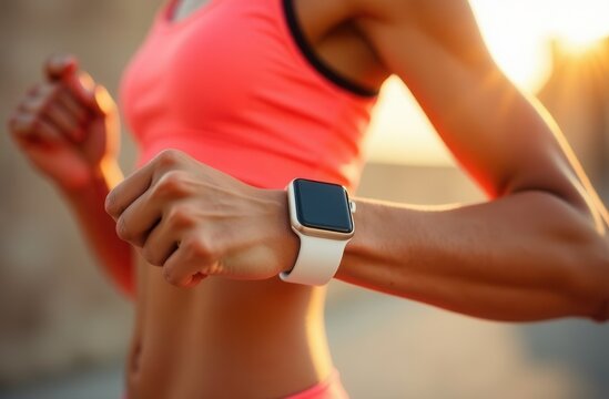 A woman runs outdoors in a pink top while checking her smartwatch for fitness metrics. The sun sets behind her creating a warm glow and enhancing the vibrant colors of her attire.
