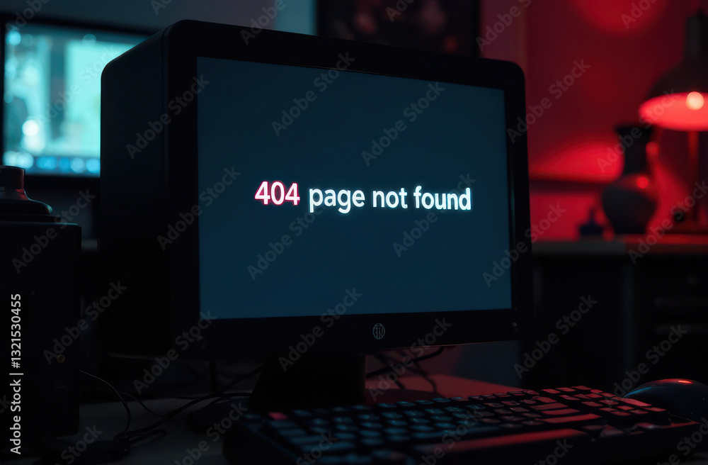Poster a dimly lit room features a computer displaying a 404 page not found message. ambient red lighting c