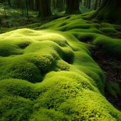 Lush Green Moss Covering Forest Floor, Sunlight, Natural Environment Scene, Nature Landscape Image.