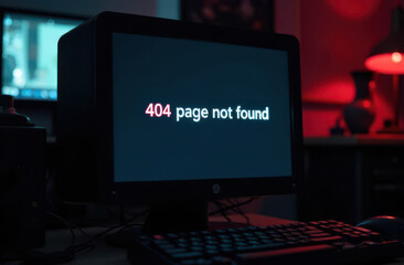 Naklejka premium A dimly lit room features a computer displaying a 404 page not found message. Ambient red lighting creates a moody atmosphere perfect for late-night browsing frustrations.