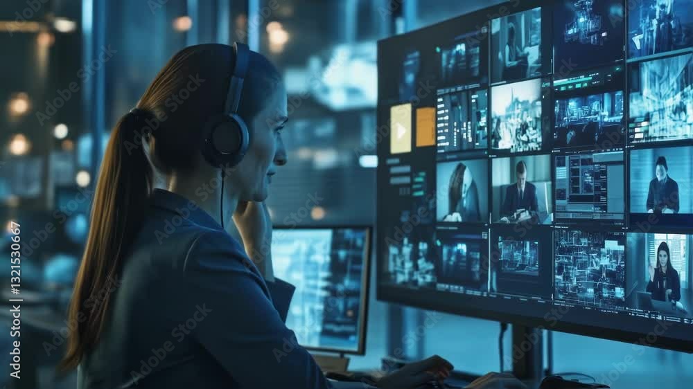 Aufkleber professional security operator wearing headset analyzing surveillance camera feeds at night inside h