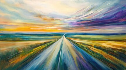 Vibrant landscape painting of a winding road leading towards a colorful sunset over fields and distant hills