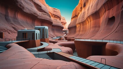 Human colony built into the cliffs of a canyon on an alien world.