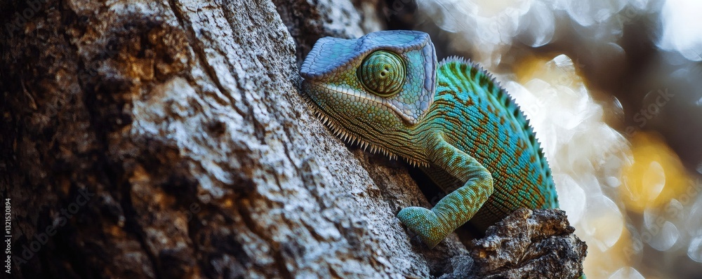Poster a colorful chameleon clings securely to a textured tree branch