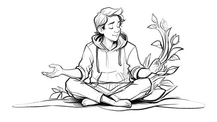 Obraz premium Young person meditating surrounded by plants isolated on transparent background