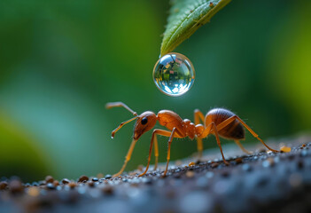 Extreem Closeup Macro Image Of A Leafcutter Ant, Blured And Green Natueral Background, Small Rocks In The Surface, Waterdrop On The Leaf And Reflection