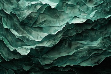 Fototapeta premium Textured layers of greenish tones create a captivating abstract design, resembling natural formations or crumpled materials.
