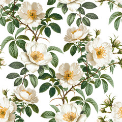 Seamless pattern design with victorian watercolor illustrations of dog rose flowers. Perfect for fabrics, wallpapers, clothes, home textile, packaging design, posters and other prints