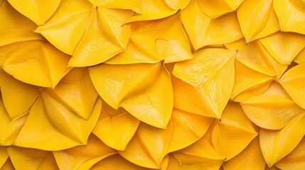 Starfruit slices neatly arranged in a geometric pattern, their bright yellow color and unique shape forming an artistic tropical fruit composition.